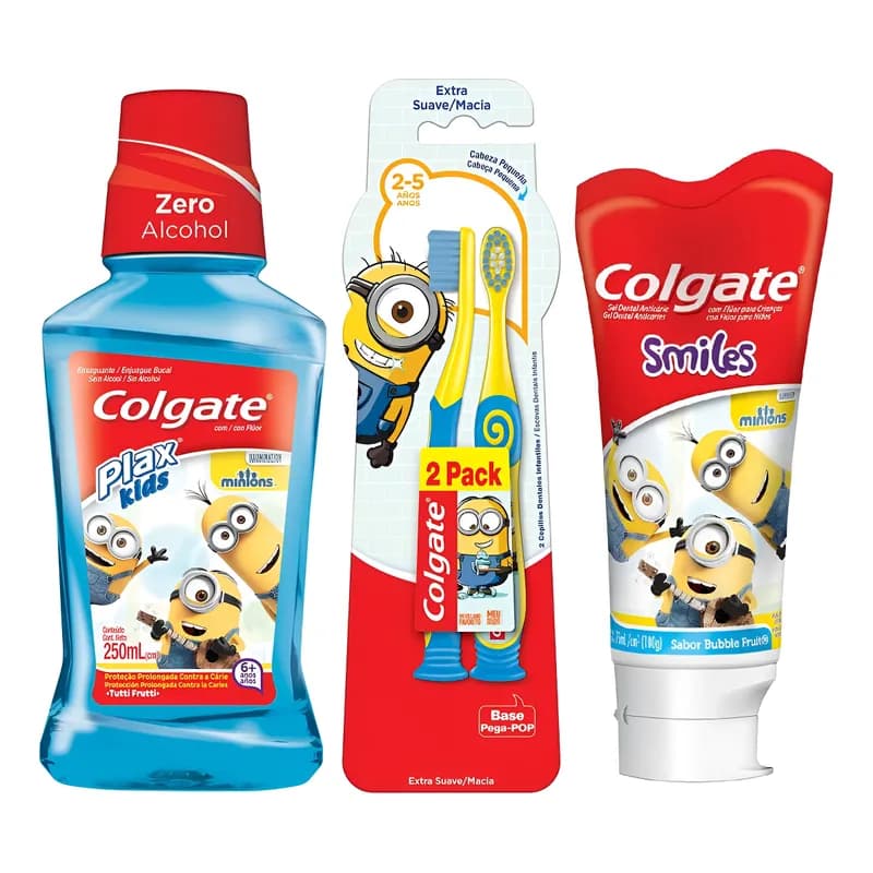 Kit Colgate Minions: Creme Dental+escova+enxaguante Bucal